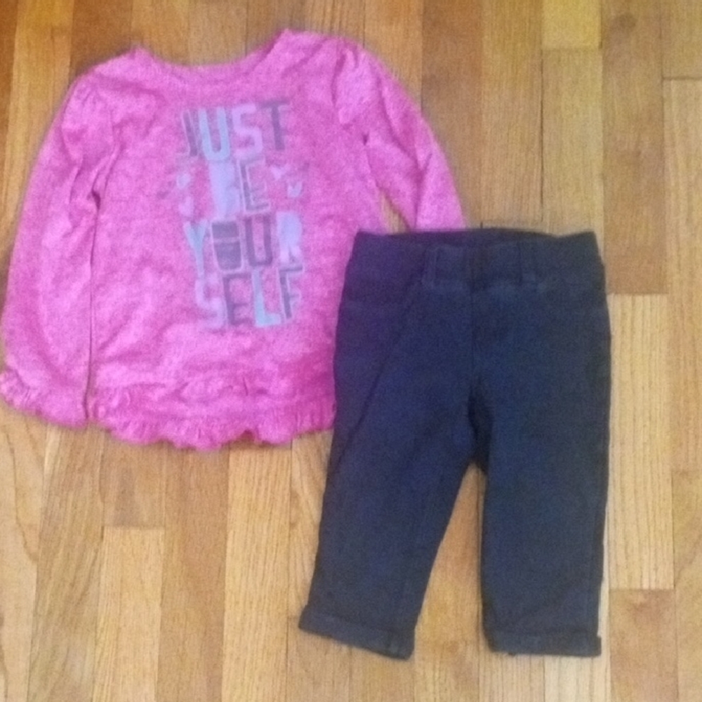 Pink Graphic Long Sleeve Top and Black Pants Set girl 4t